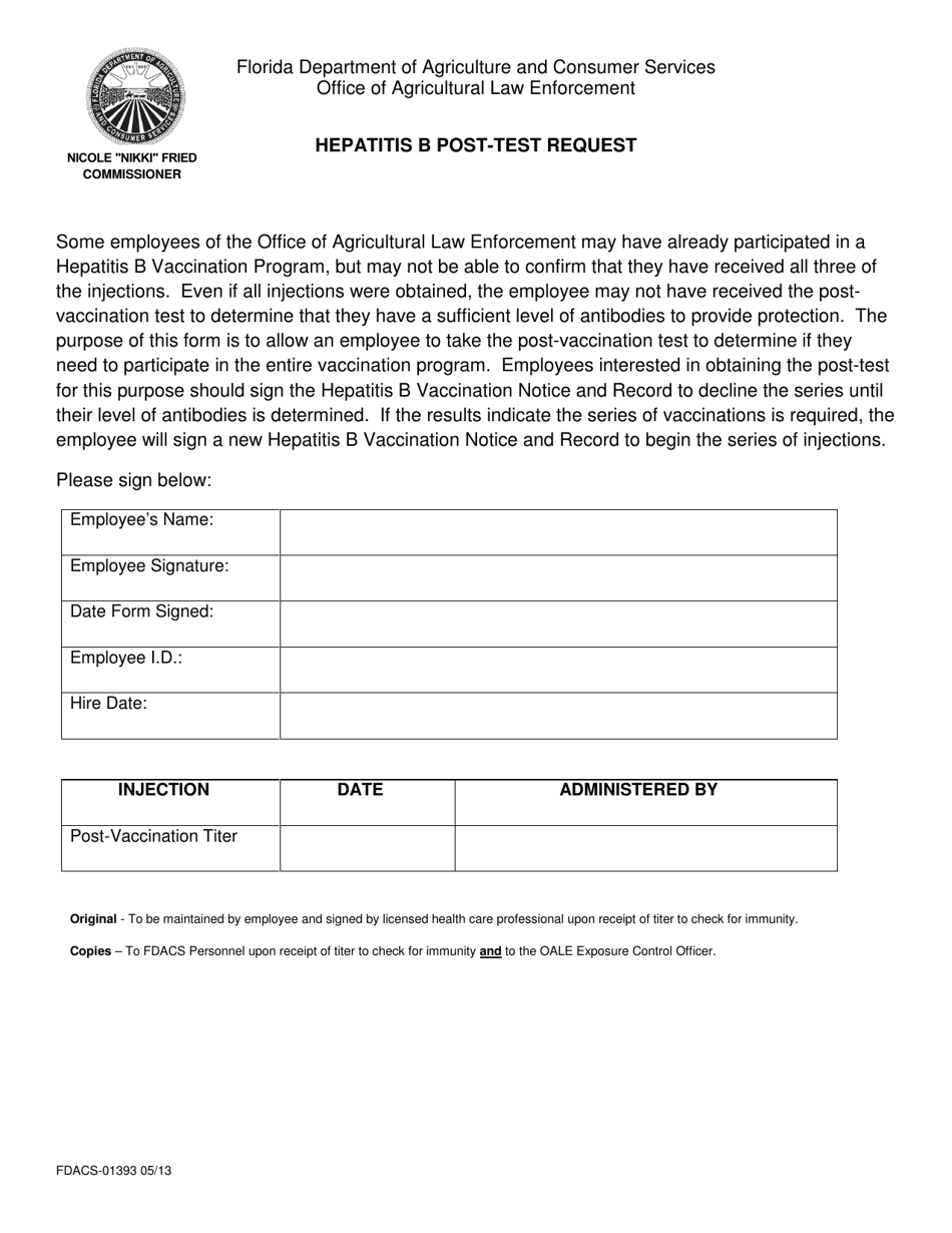 Form FDACS-01393 Hepatitis B Post-test Request - Florida, Page 1
