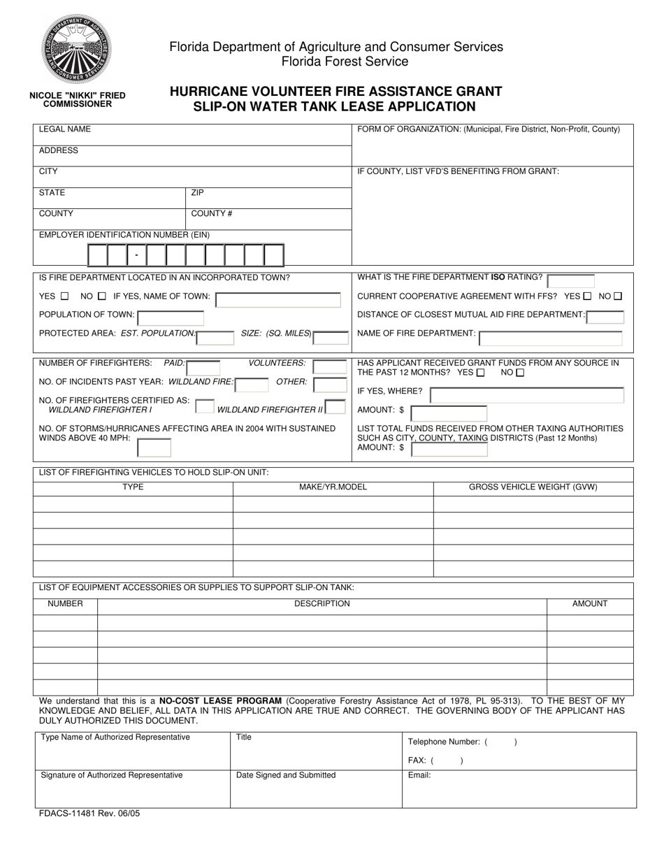 Form FDACS-11481 Hurricane Volunteer Fire Assistance Grant Slip-On Water Tank Lease Application - Florida, Page 1