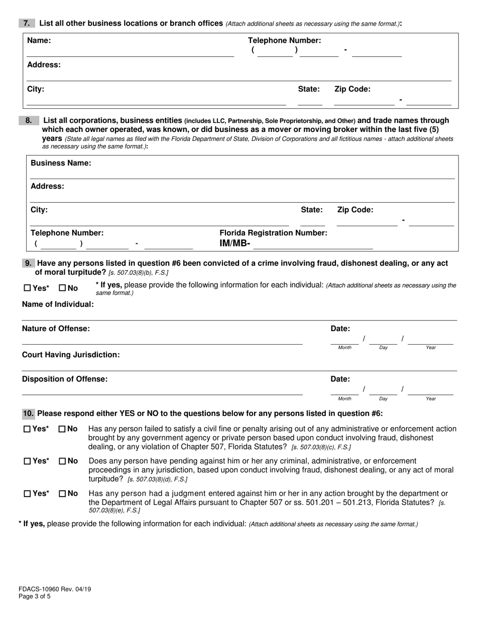 Form FDACS-10960 Household Moving Services Registration Application - Florida, Page 3