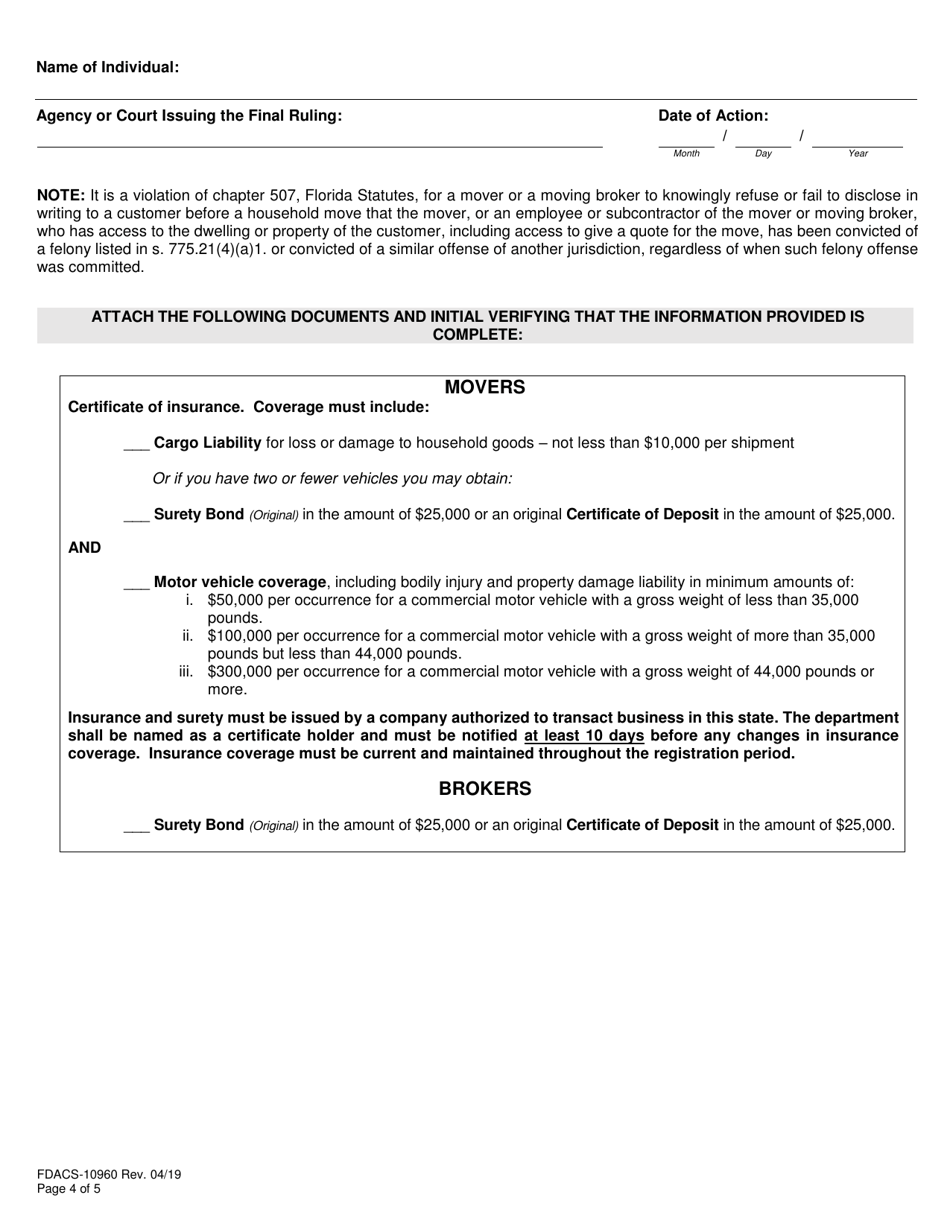 Form FDACS-10960 Household Moving Services Registration Application - Florida, Page 4