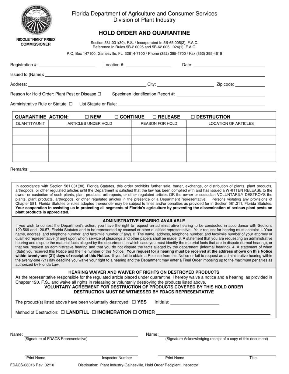 Form FDACS-08016 Hold Order and Quarantine - Florida, Page 1