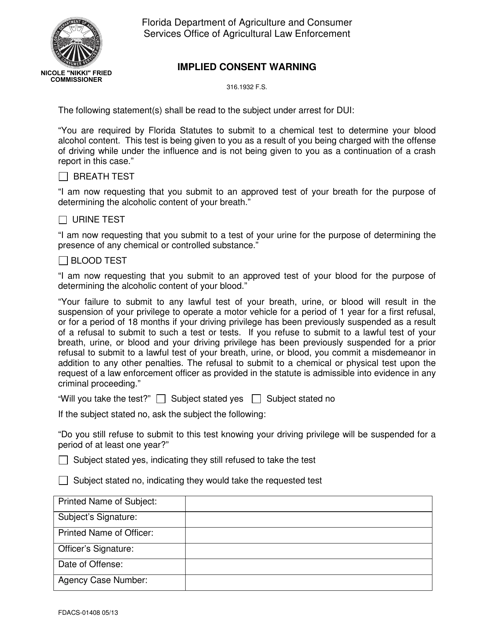 Form FDACS-01408  Printable Pdf
