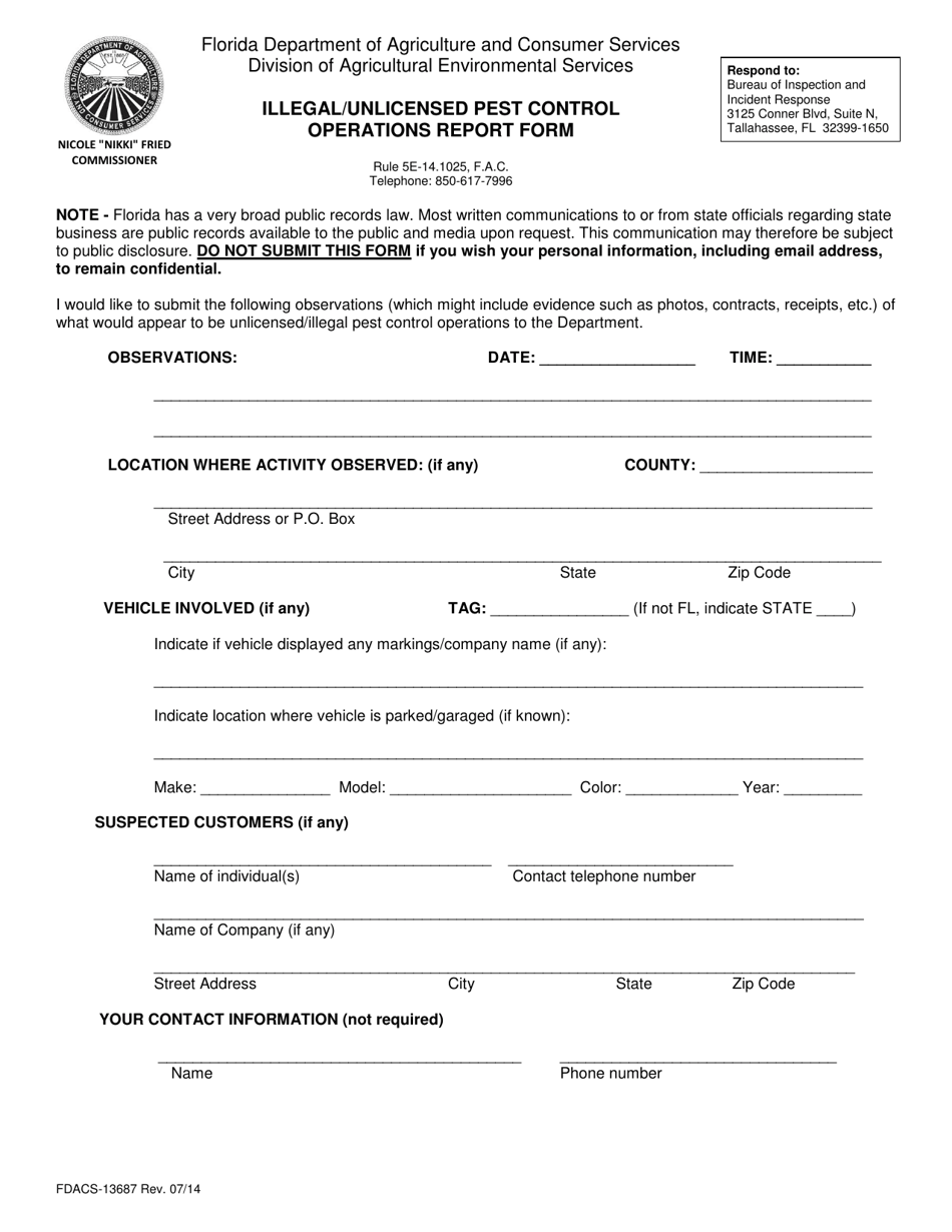 Form FDACS-13687 Illegal / Unlicensed Pest Control Operations Report Form - Florida, Page 1