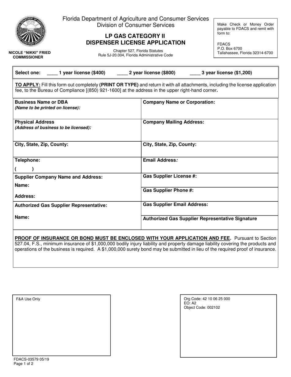 Form FDACS-03579 Lp Gas Category II Dispenser License Application - Florida, Page 1