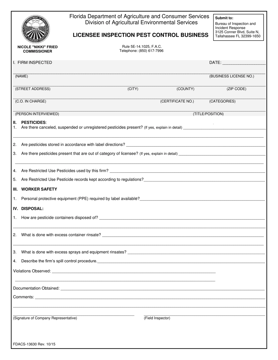 Form FDACS13630 Fill Out, Sign Online and Download Printable PDF