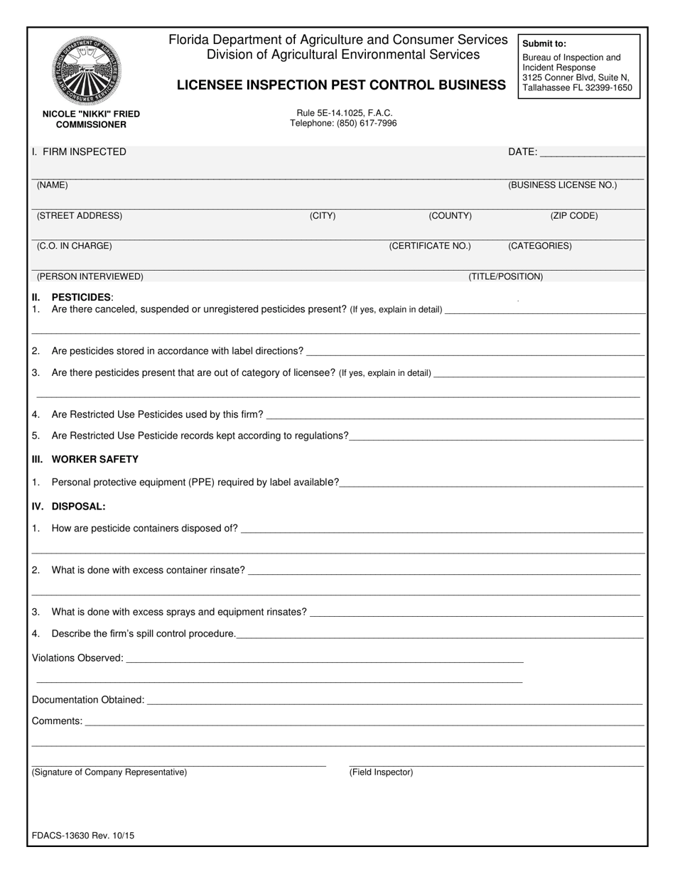 Form FDACS-13630 Licensee Inspection Pest Control Business - Florida, Page 1