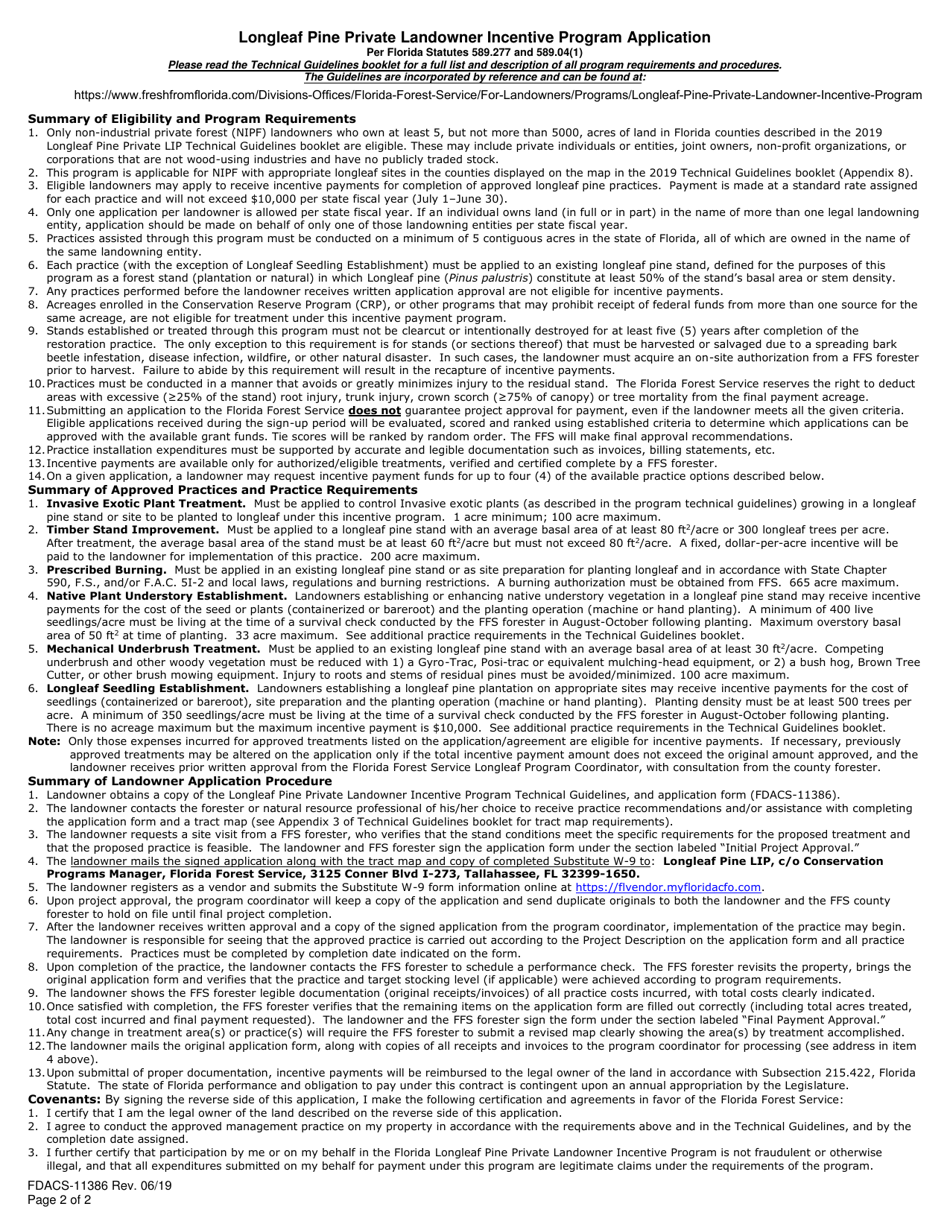 Form FDACS-11386 Longleaf Pine Private Landowner Incentive Program Application - Florida, Page 2