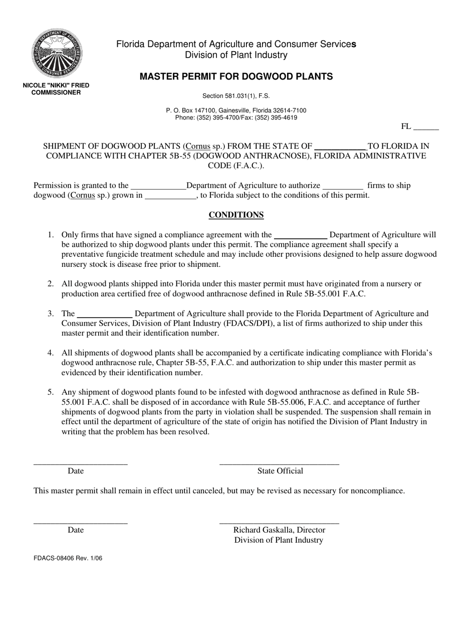 Form FDACS-08406 Master Permit for Dogwood Plants - Florida, Page 1