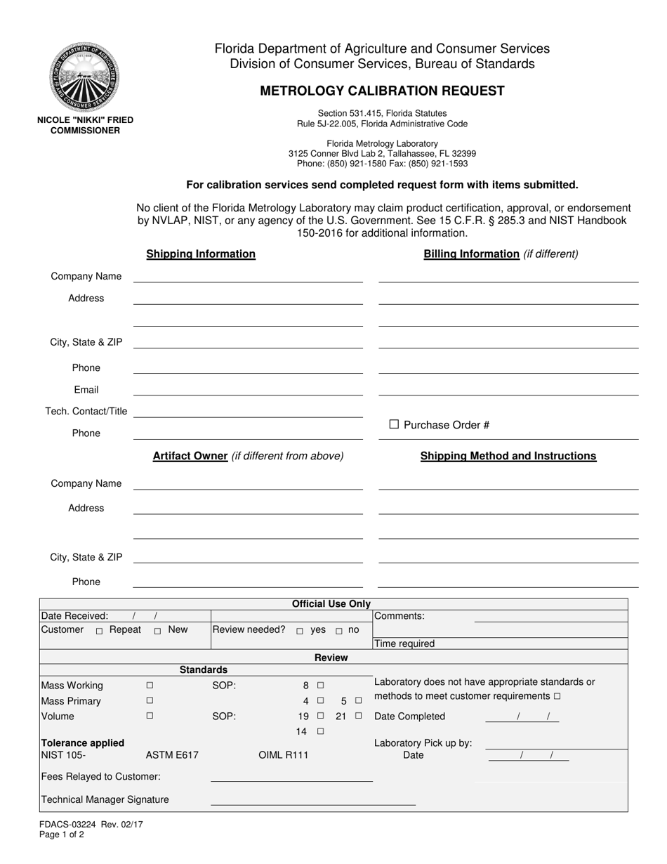 Form FDACS-03224 Metrology Calibration Request - Florida, Page 1