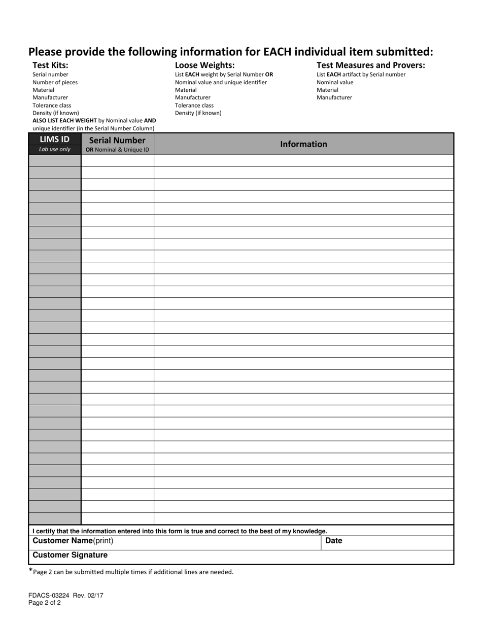 Form FDACS-03224 Metrology Calibration Request - Florida, Page 2