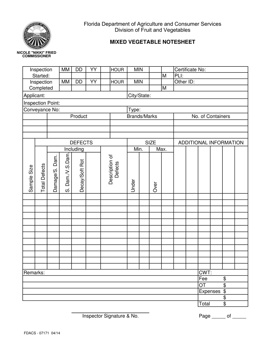 Form FDACS-07171 Mixed Vegetable Notesheet - Florida, Page 1