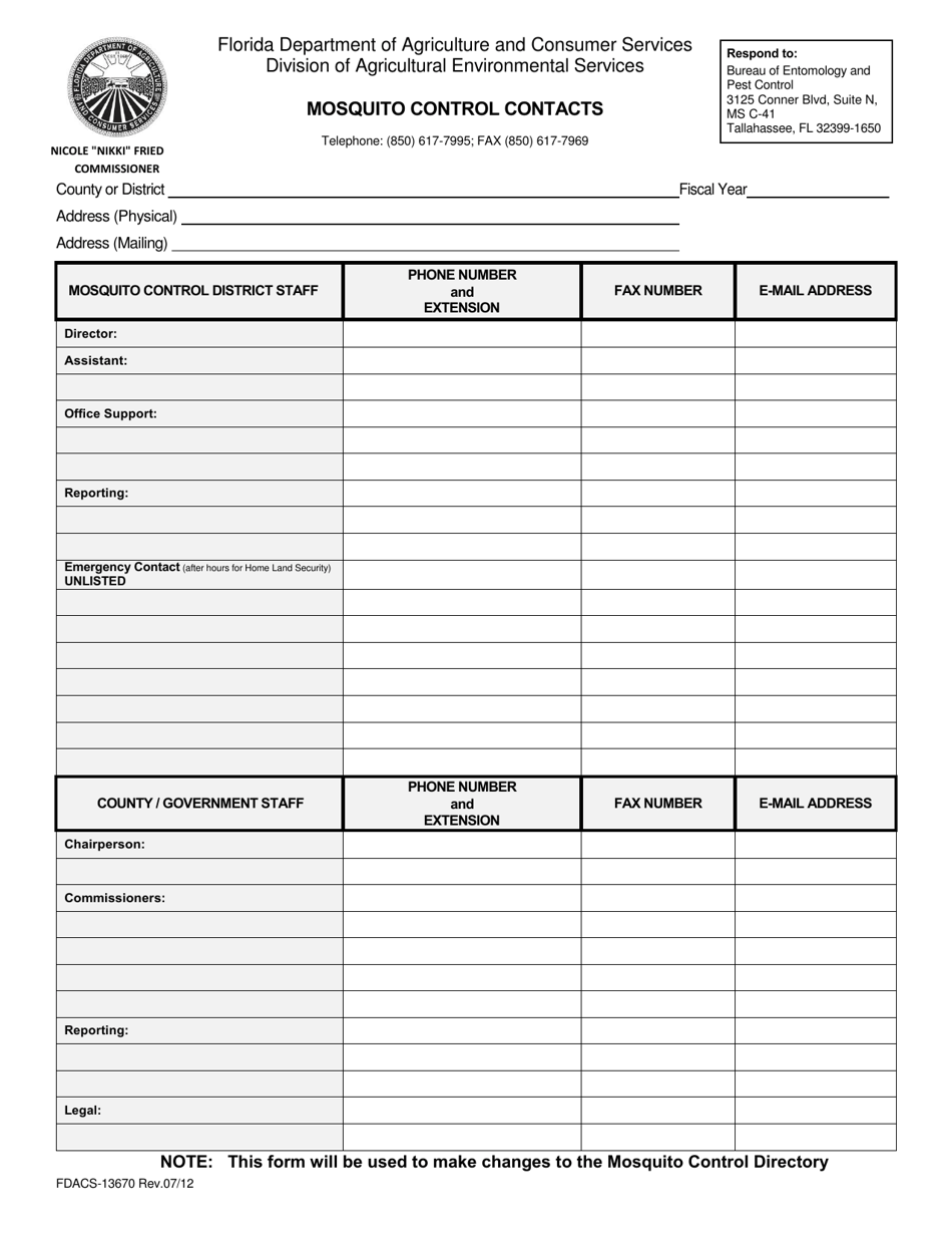 Form FDACS-13670 Mosquito Control Contacts - Florida, Page 1