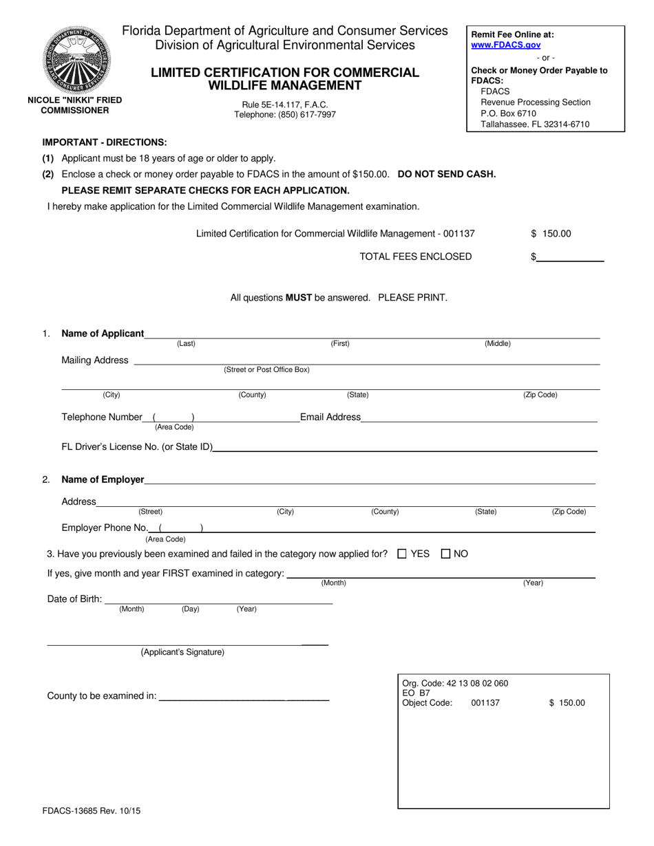 Form FDACS-13685 Limited Certification for Commercial Wildlife Management - Florida, Page 1