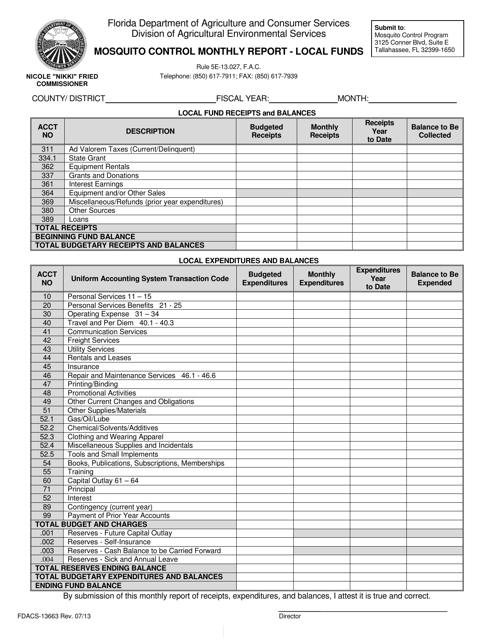 Form FDACS-13663 Mosquito Control Monthly Report - Local Funds - Florida