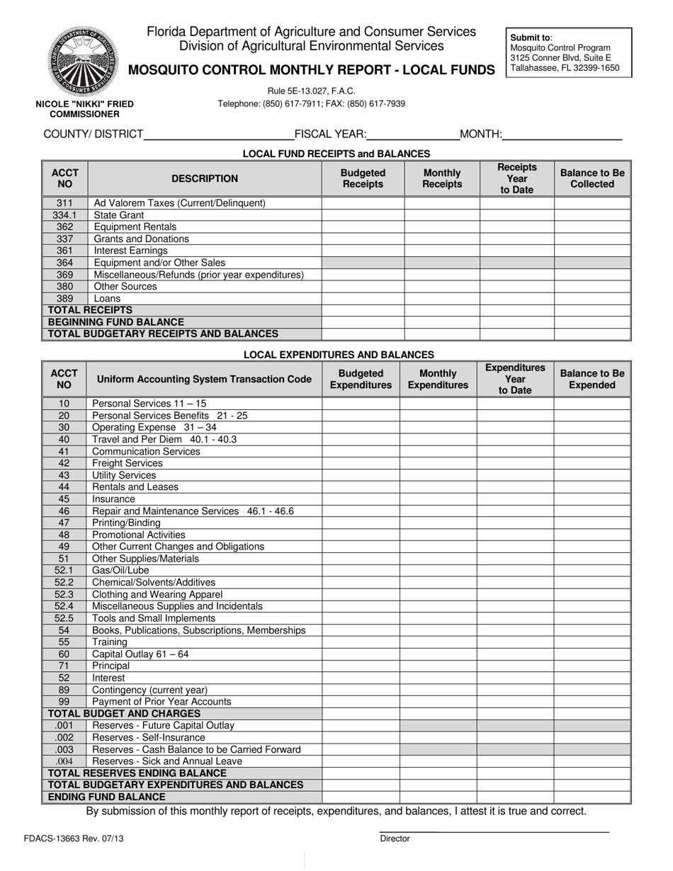 Form FDACS-13663 Mosquito Control Monthly Report - Local Funds - Florida, Page 1