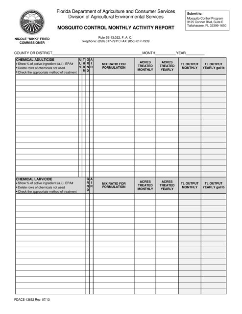 Form FDACS-13652 Mosquito Control Monthly Activity Report - Florida