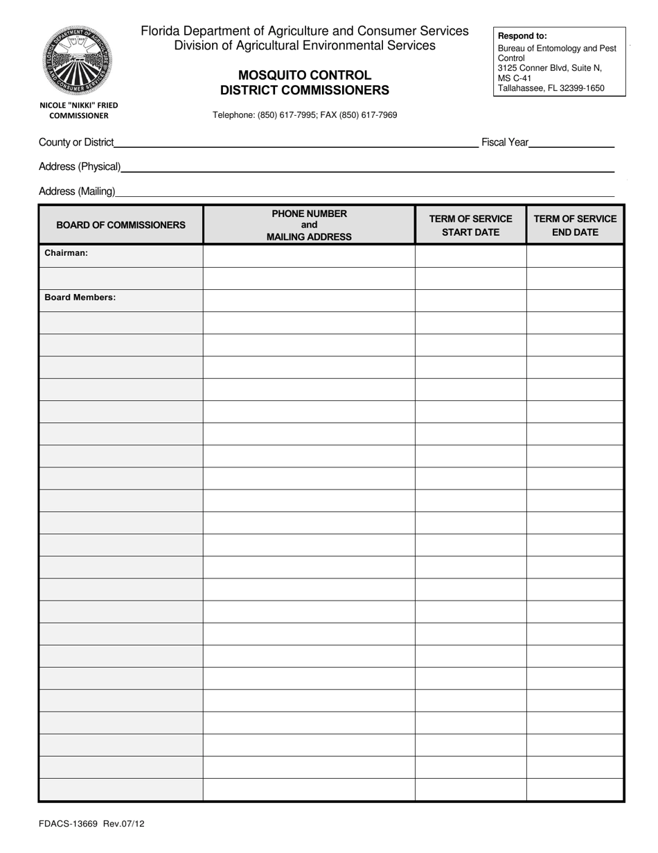 Form FDACS-13669 Mosquito Control District Commissioners - Florida, Page 1