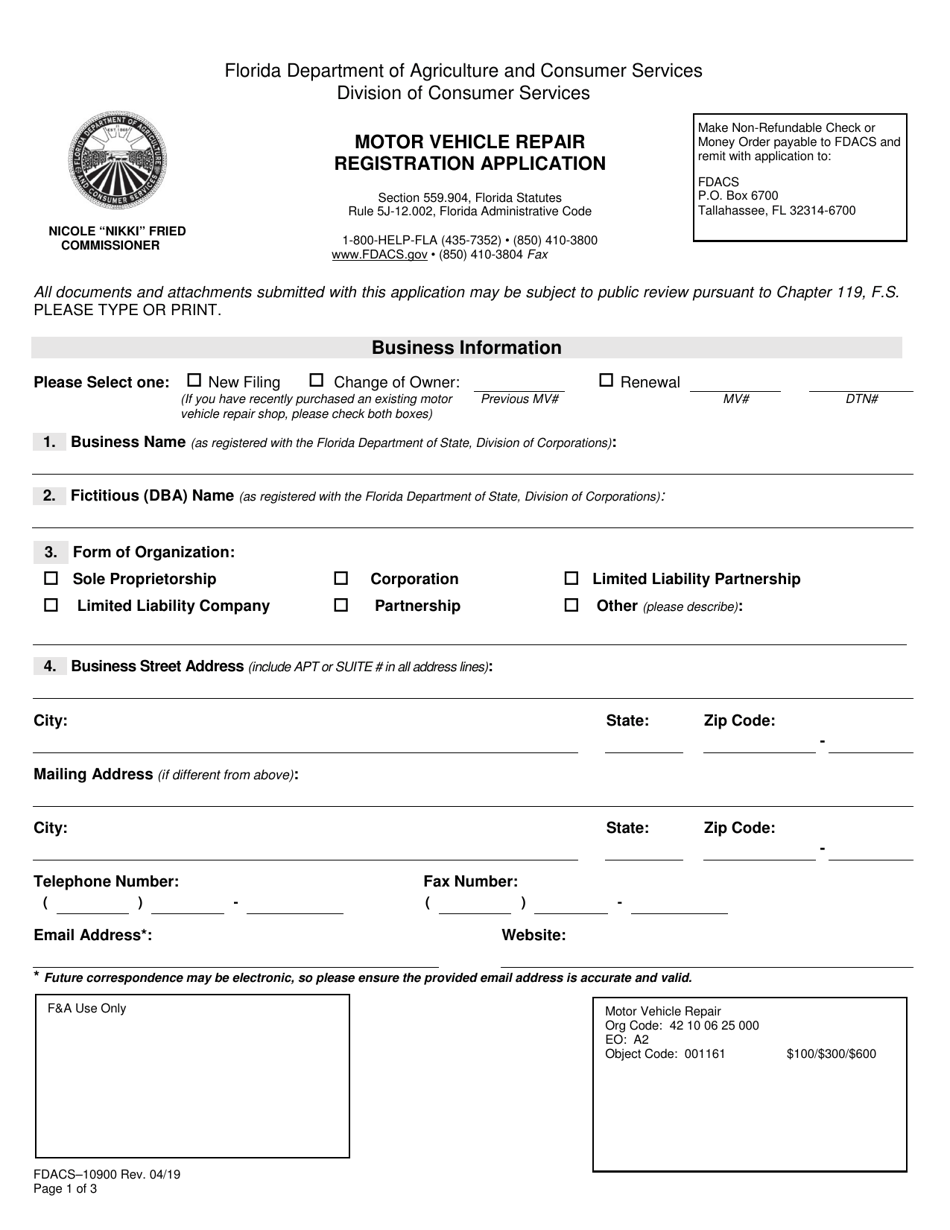 Form FDACS-10900 Motor Vehicle Repair Registration Application - Florida, Page 1