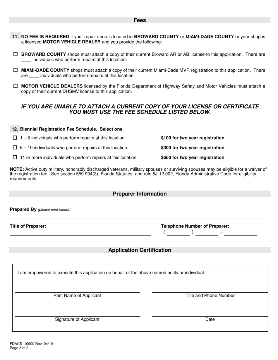 Form FDACS-10900 Motor Vehicle Repair Registration Application - Florida, Page 3