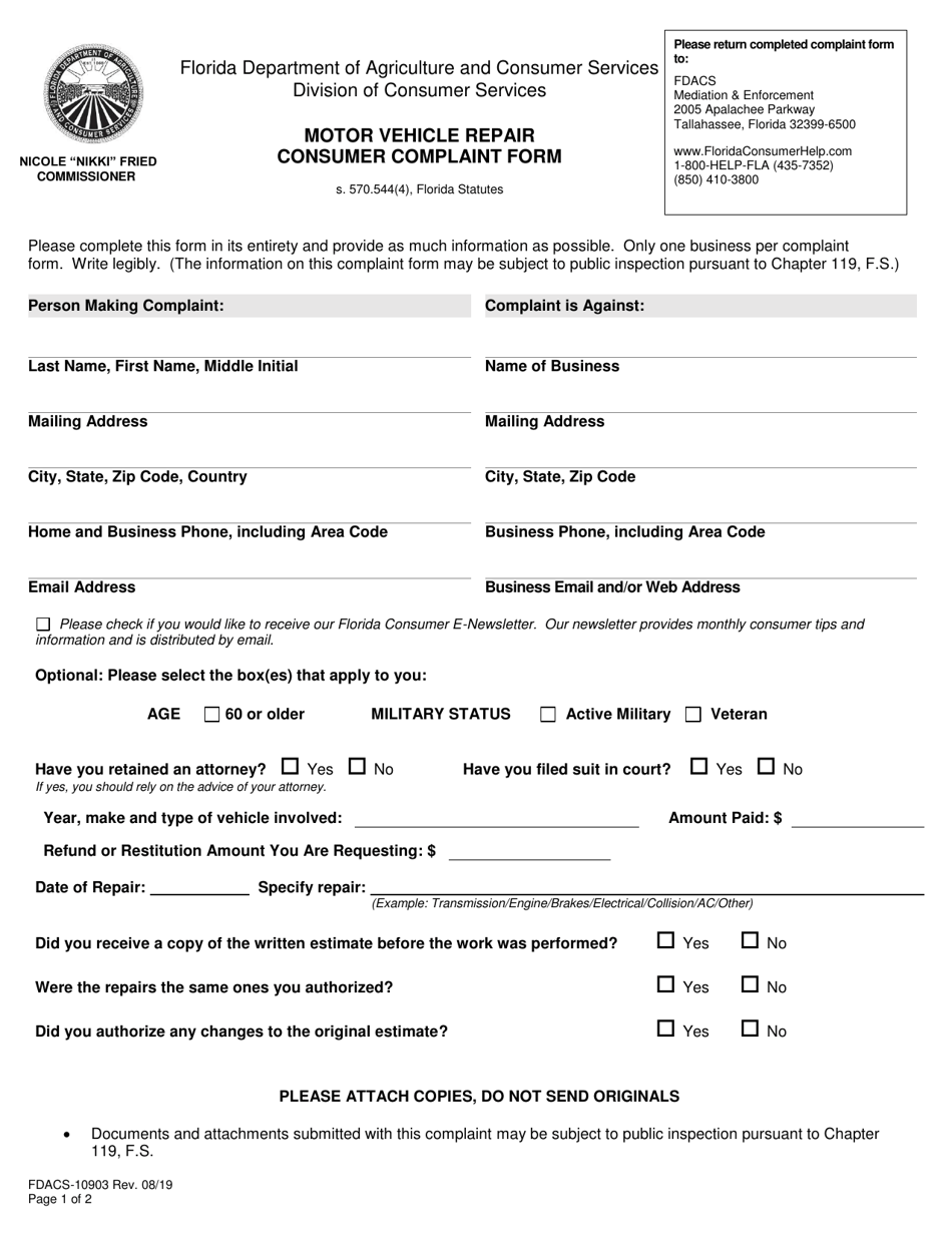 Form FDACS-10903 Download Fillable PDF or Fill Online Motor Vehicle ...