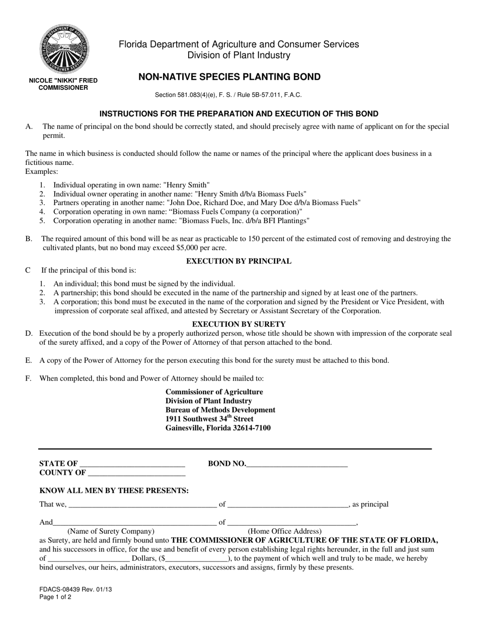 Form FDACS-08439 Non-native Species Planting Bond - Florida, Page 1