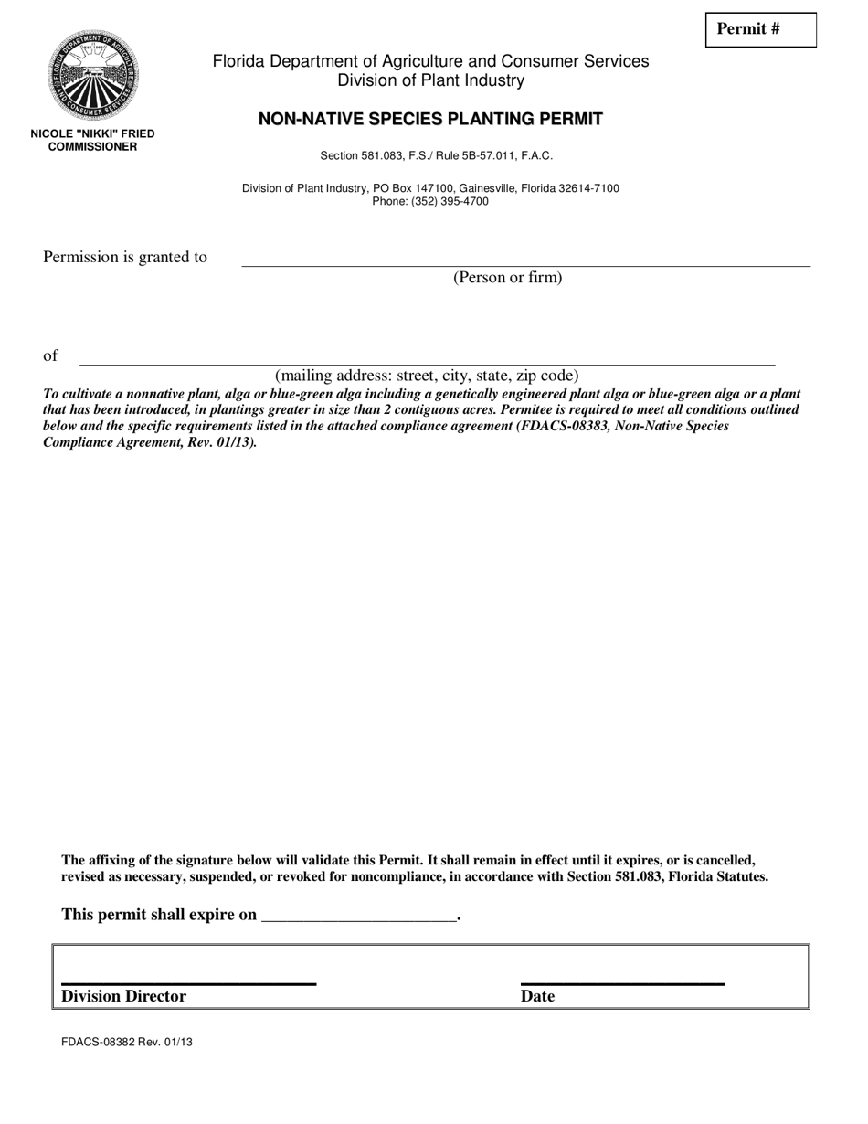 Form FDACS-08382 Non-native Species Planting Permit - Florida, Page 1