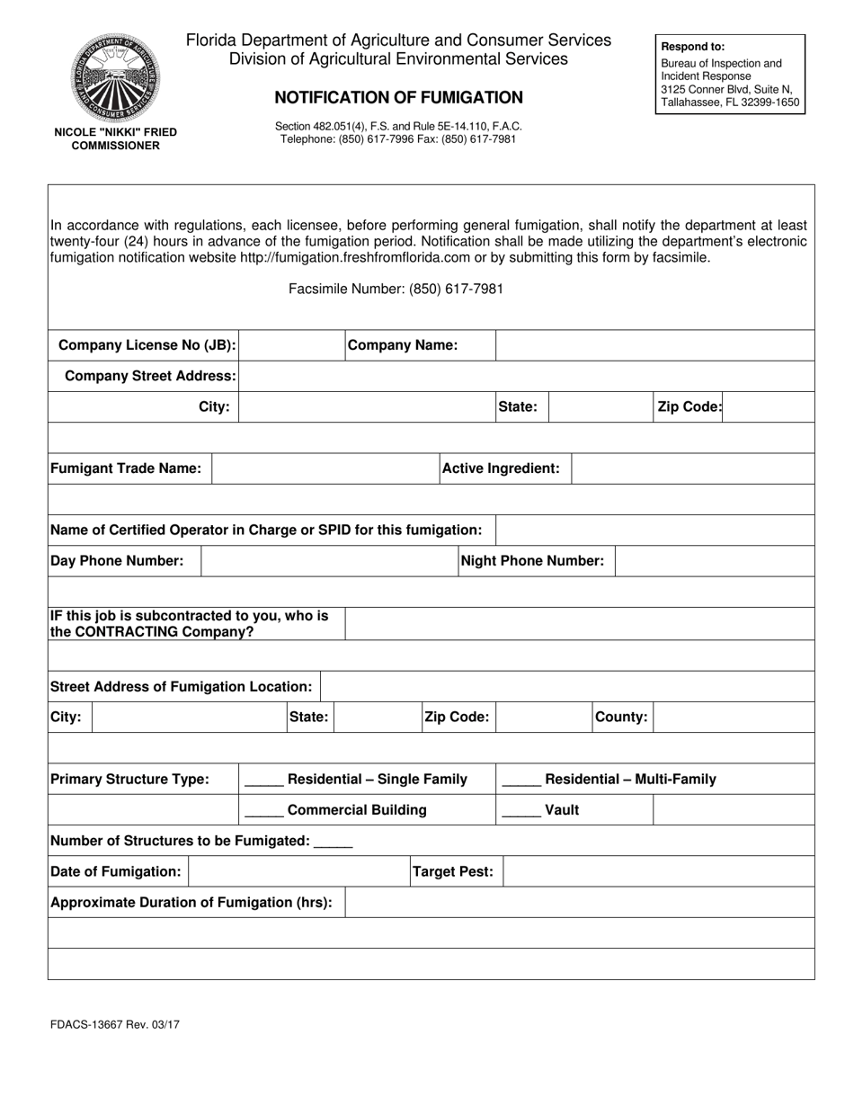 Form FDACS-13667 Notification of Fumigation - Florida, Page 1