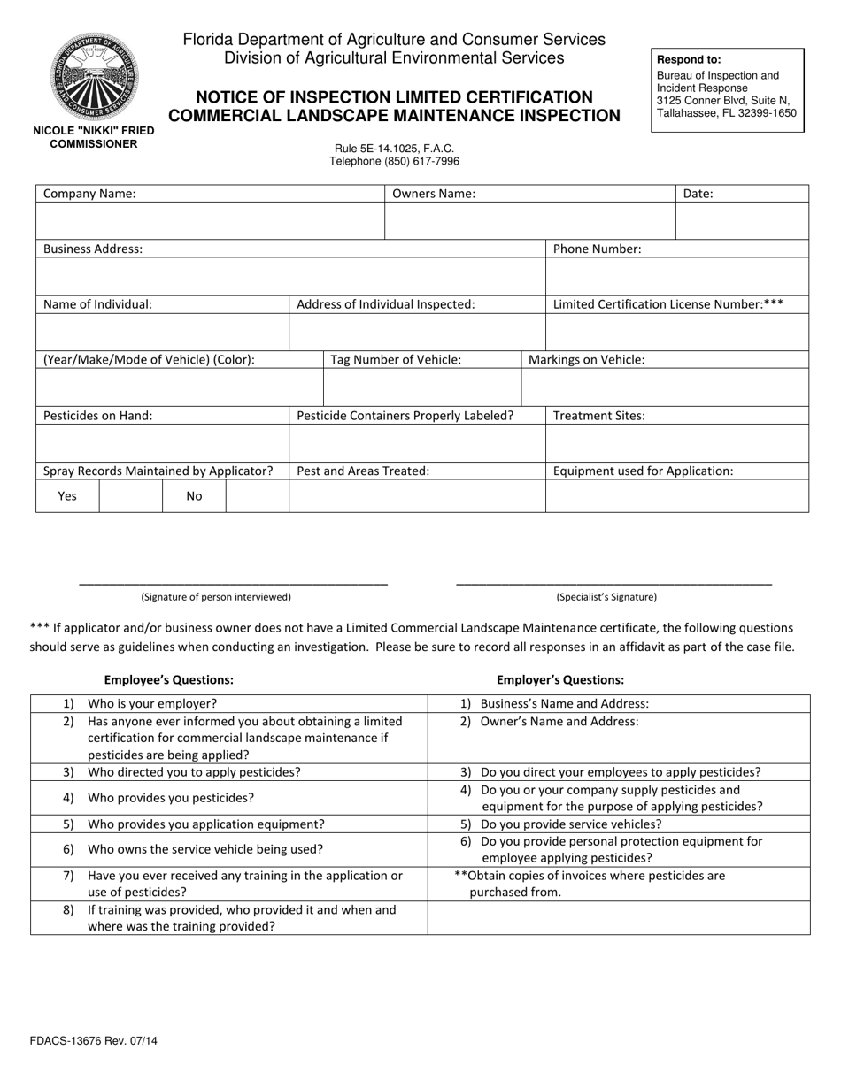 Form FDACS-13676 Notice of Inspection Limited Certification Commercial Landscape Maintenance Inspection - Florida, Page 1