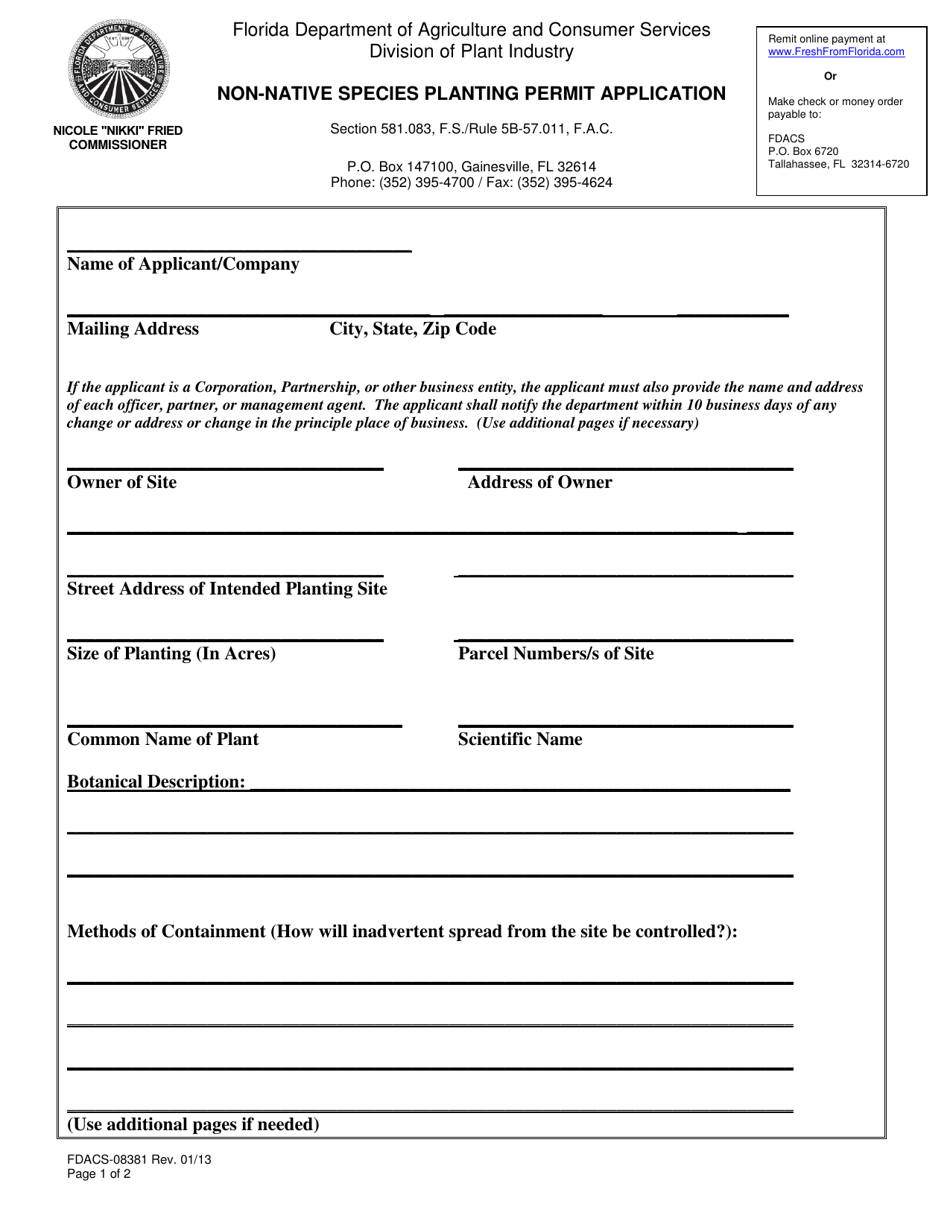 Form FDACS-08381 Non-native Species Planting Permit Application - Florida, Page 1