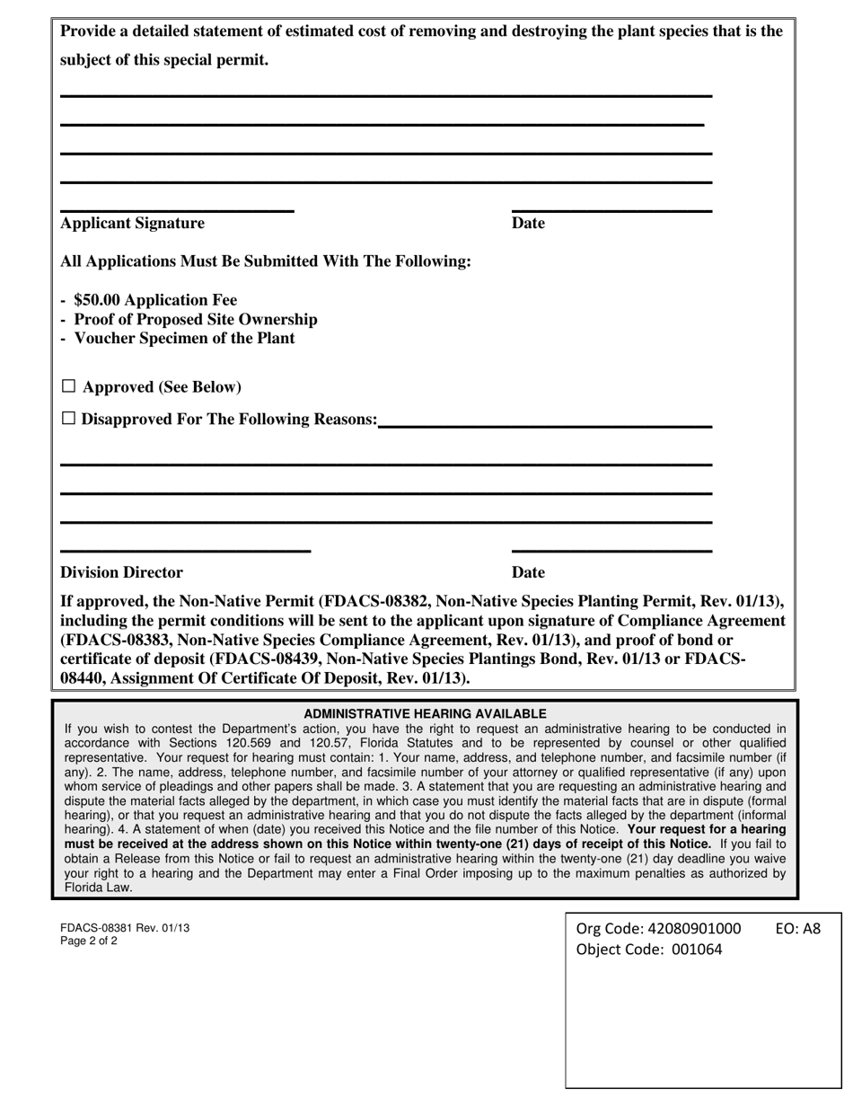Form FDACS-08381 Non-native Species Planting Permit Application - Florida, Page 2