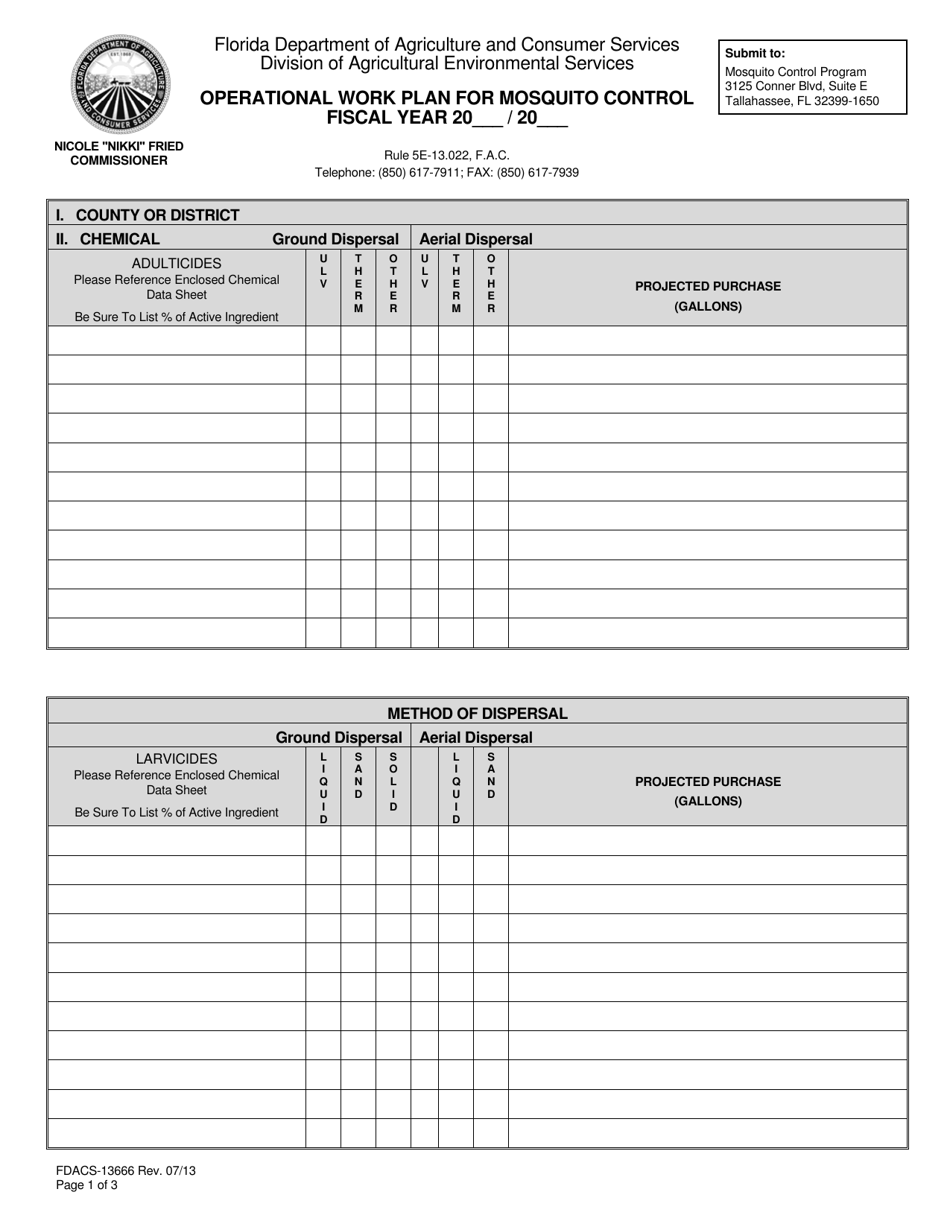 Form FDACS-13666 Operational Work Plan for Mosquito Control - Florida, Page 1