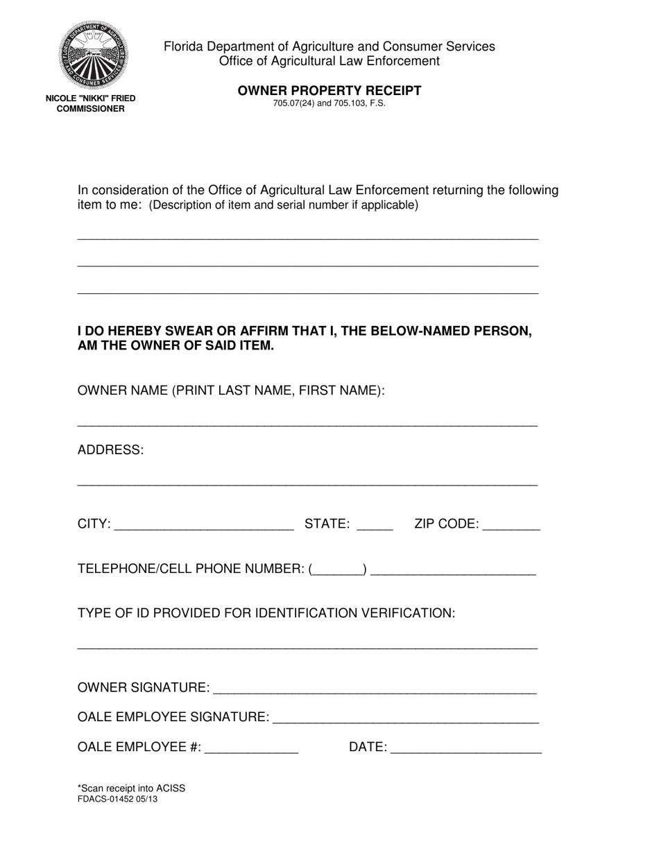Form FDACS-01452 Owner Property Receipt - Florida, Page 1