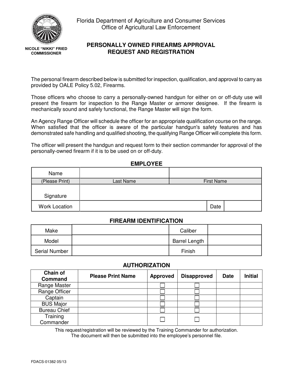 Form FDACS-01382 Personally Owned Firearms Approval Request and Registration - Florida, Page 1