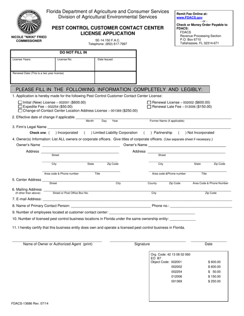 Form FDACS-13686 Pest Control Customer Contact Center License Application - Florida