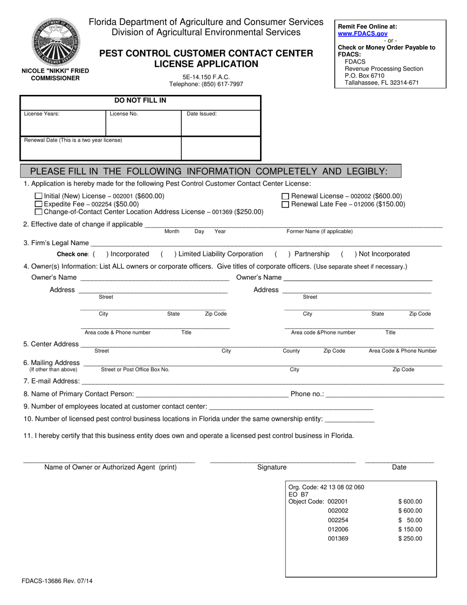 Form FDACS-13686 Pest Control Customer Contact Center License Application - Florida, Page 1