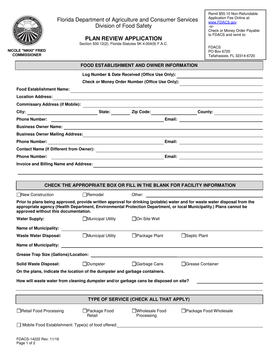 Form FDACS-14222 Plan Review Application - Florida, Page 1