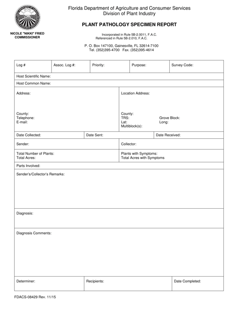 Form FDACS-08429 Plant Pathology Specimen Report - Florida