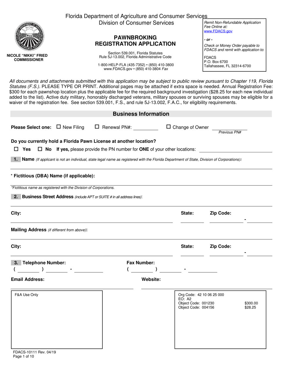 Form FDACS-10111 Pawnbrokering Registration Application - Florida, Page 1
