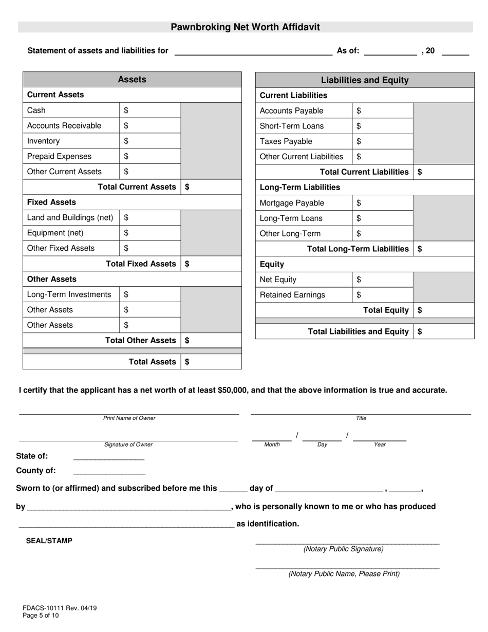 Form FDACS-10111 Pawnbrokering Registration Application - Florida, Page 5