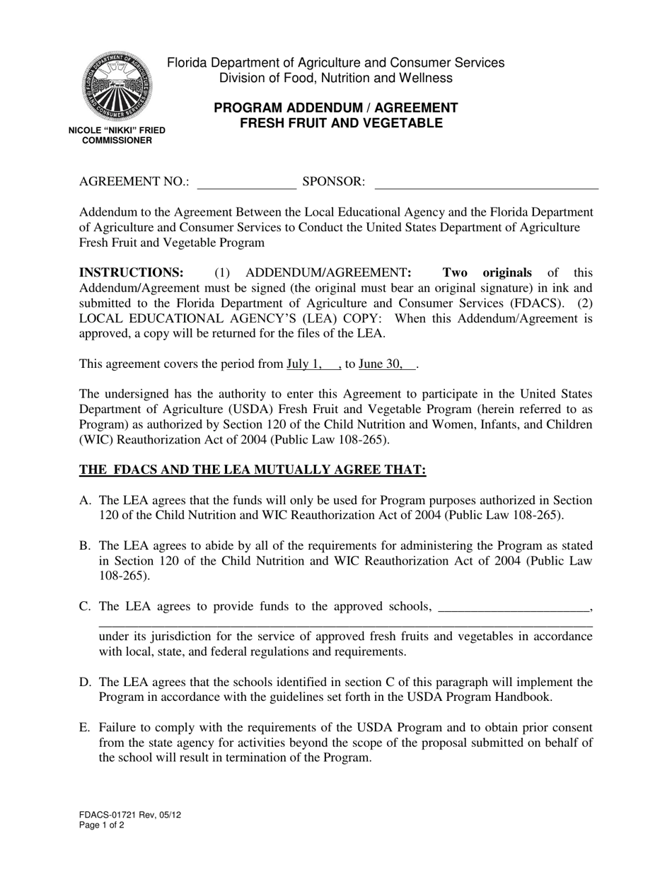Form FDACS-01721 Program Addendum / Agreement Fresh Fruit and Vegetable - Florida, Page 1