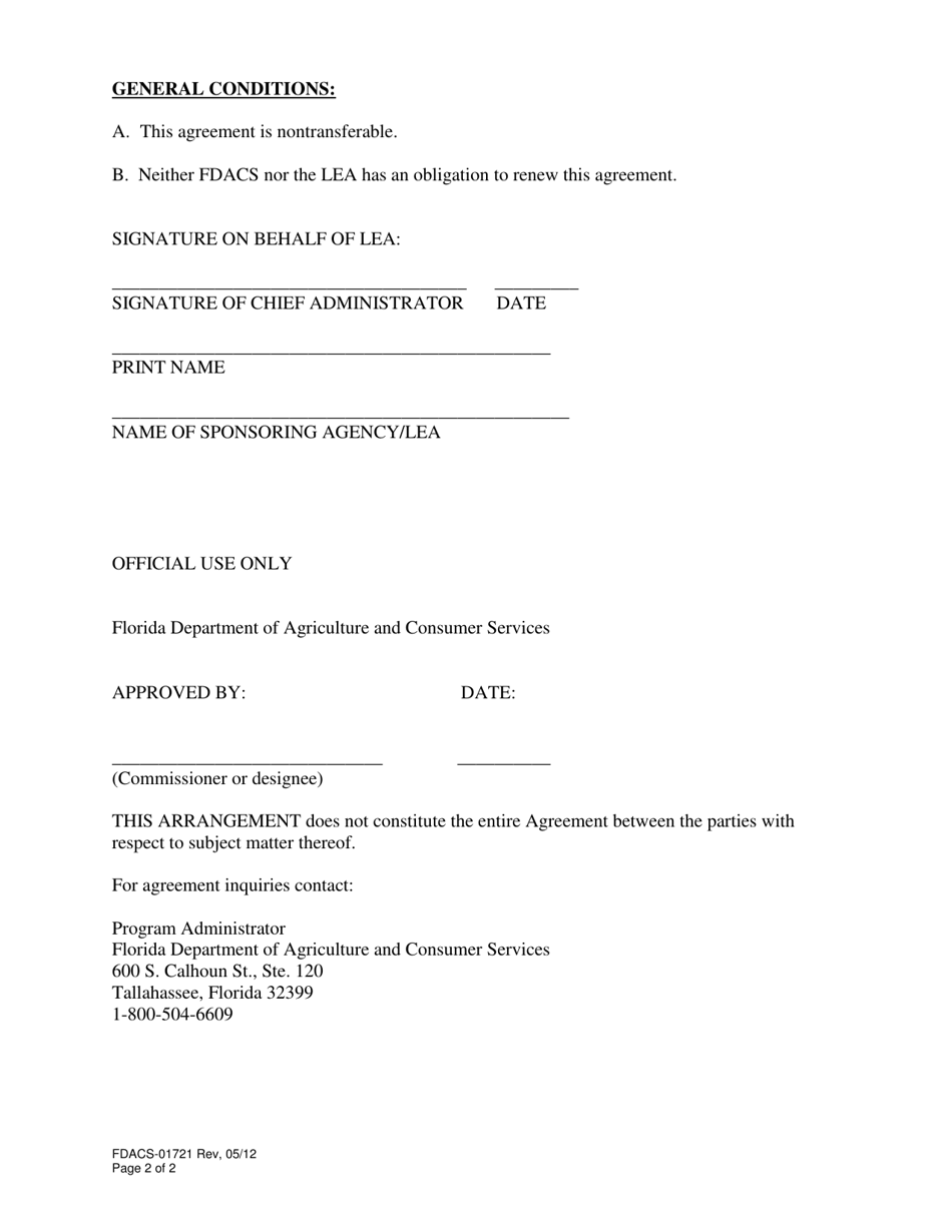 Form FDACS-01721 Program Addendum / Agreement Fresh Fruit and Vegetable - Florida, Page 2