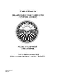 Form FDACS-16101 Questionnaire for Public Ceremony Honorees - Florida