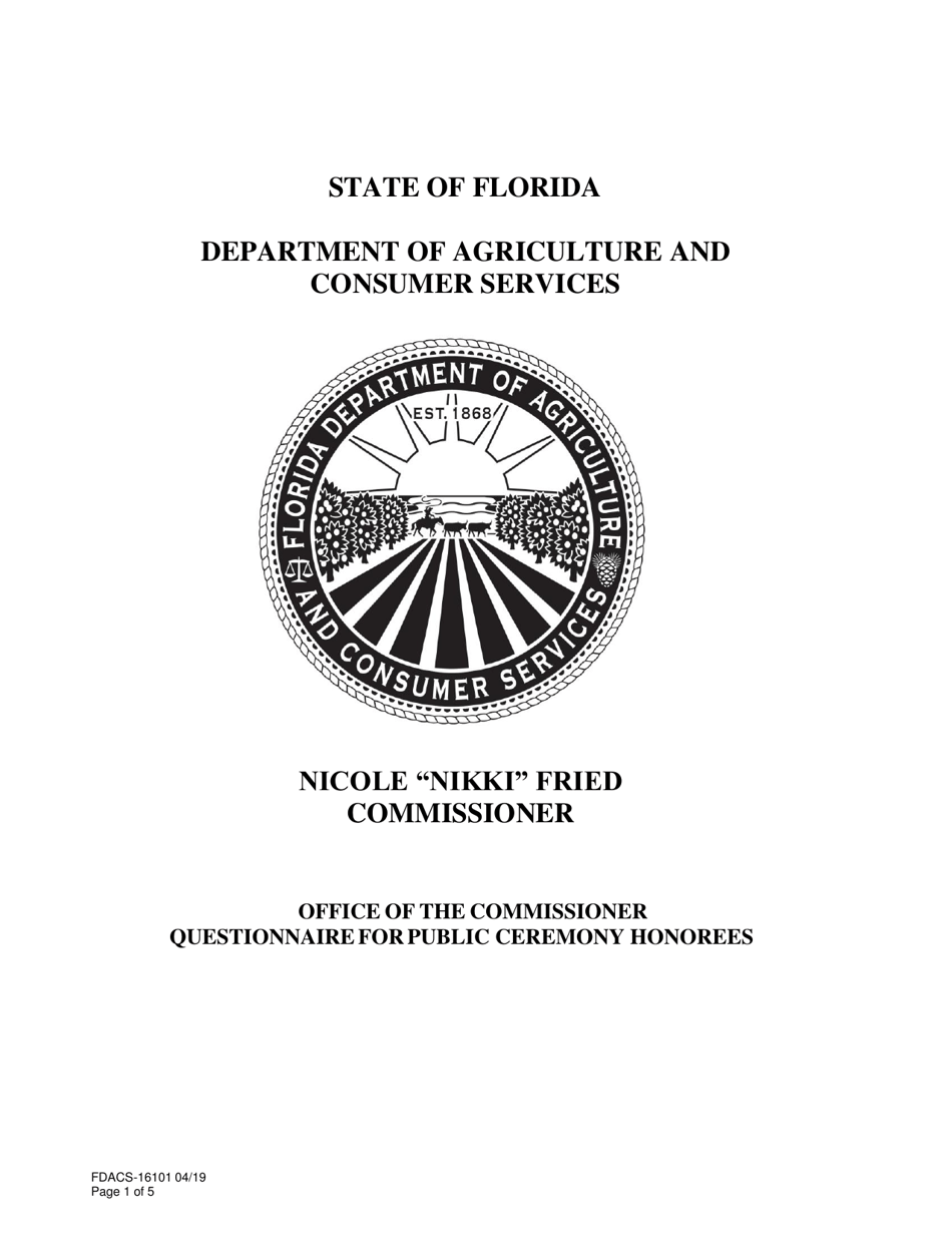 Form FDACS-16101 Questionnaire for Public Ceremony Honorees - Florida, Page 1