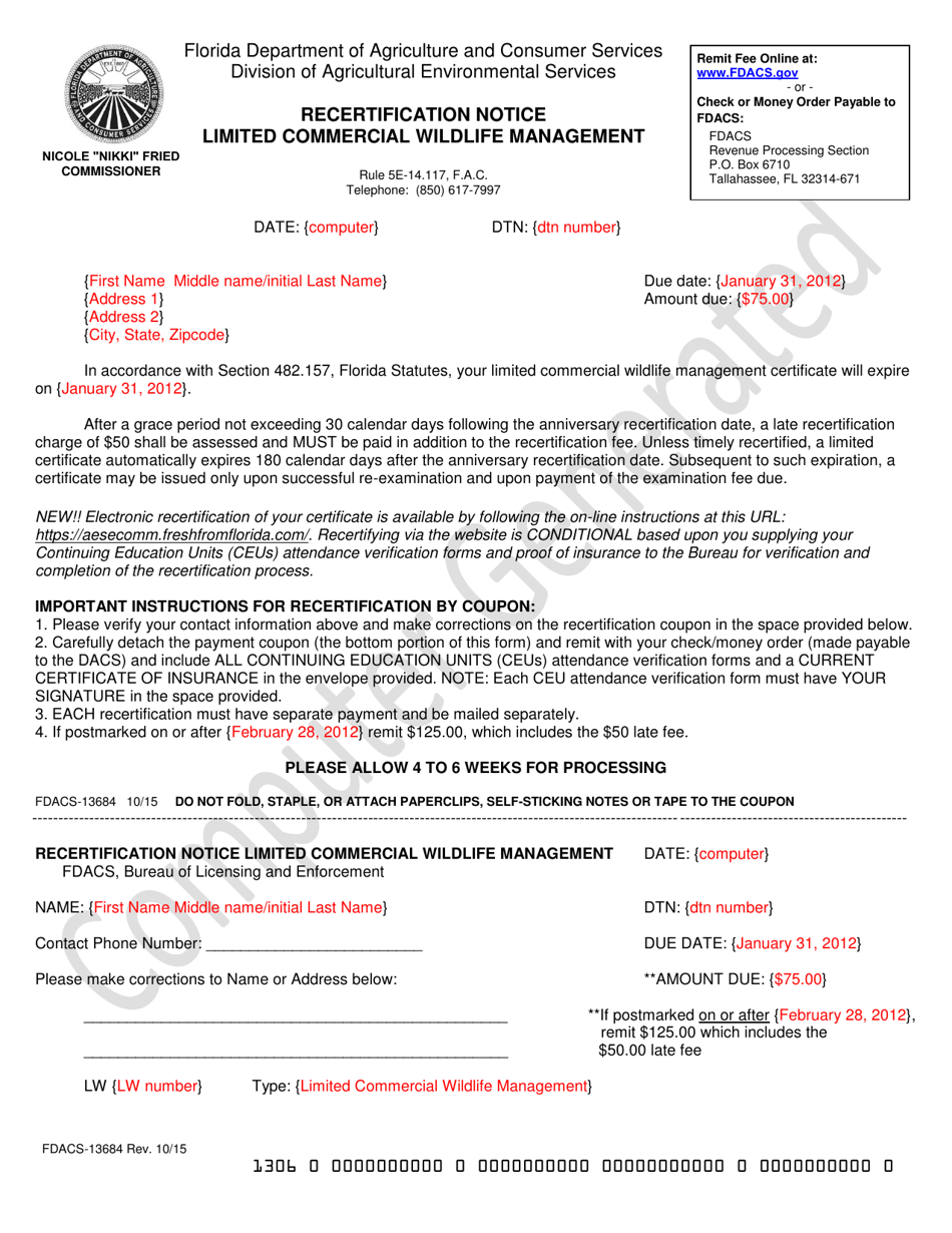 Sample Form FDACS-13684 Recertification Notice Limited Commercial Wildlife Management - Florida, Page 1