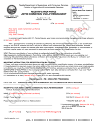 Document preview: Sample Form FDACS-13684 Recertification Notice Limited Commercial Wildlife Management - Florida