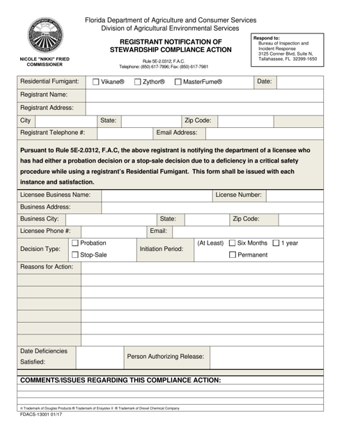 Form FDACS-13001  Printable Pdf