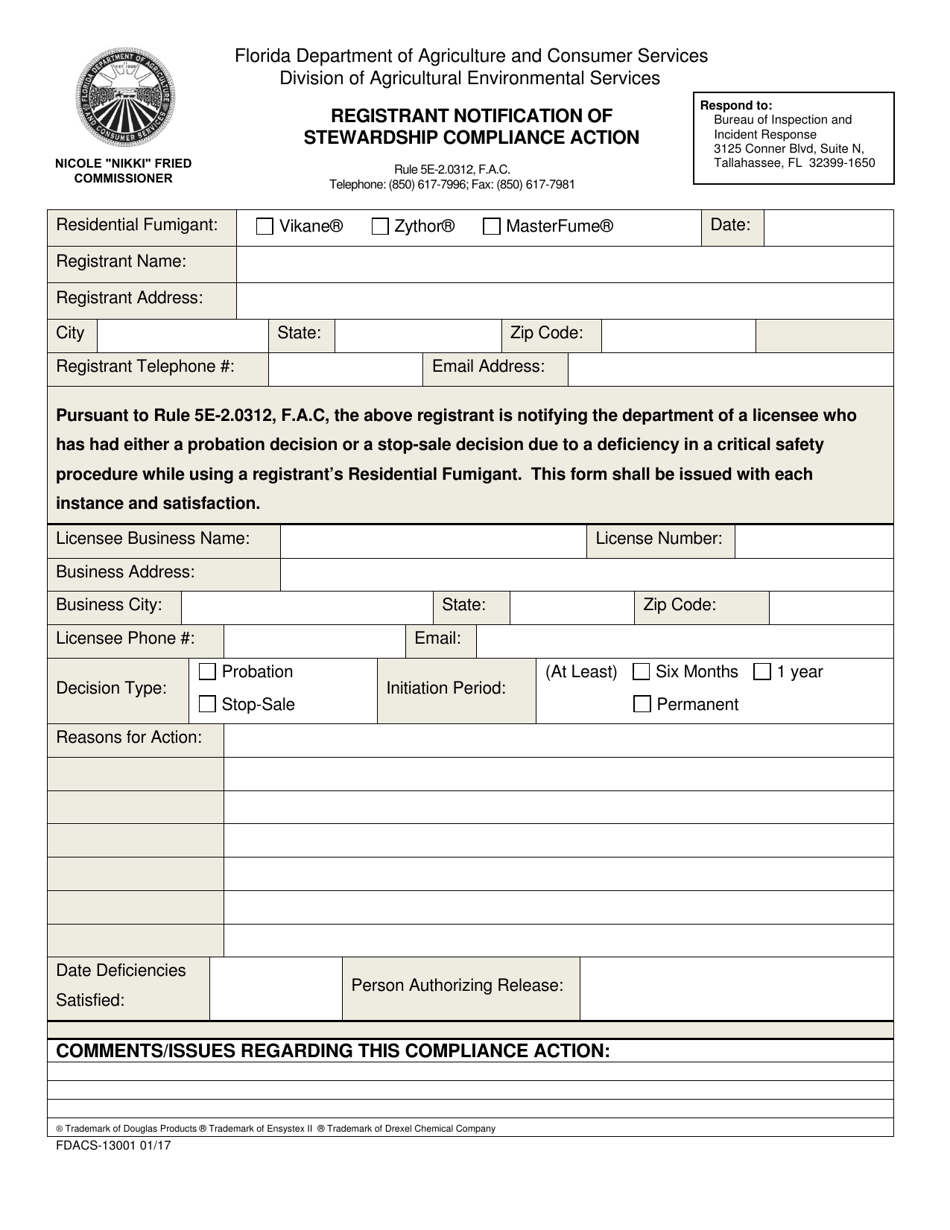Form FDACS-13001 Registrant Notification of Stewardship Compliance Action - Florida, Page 1
