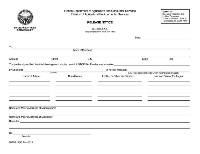 Form FDACS-13248 Release Notice - Florida