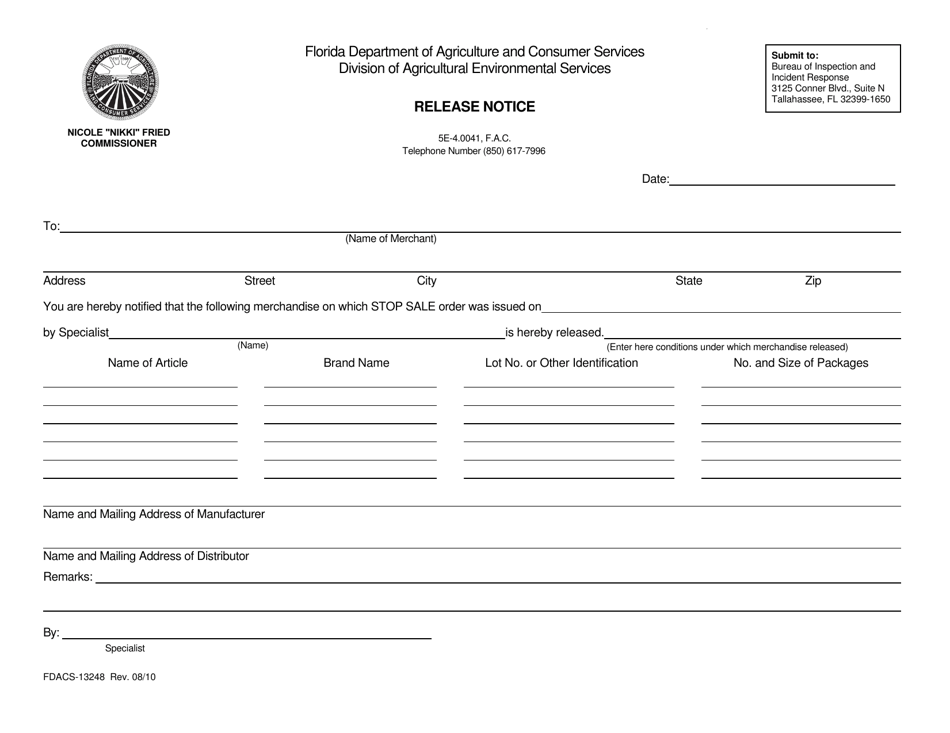 Form FDACS-13248 Release Notice - Florida, Page 1