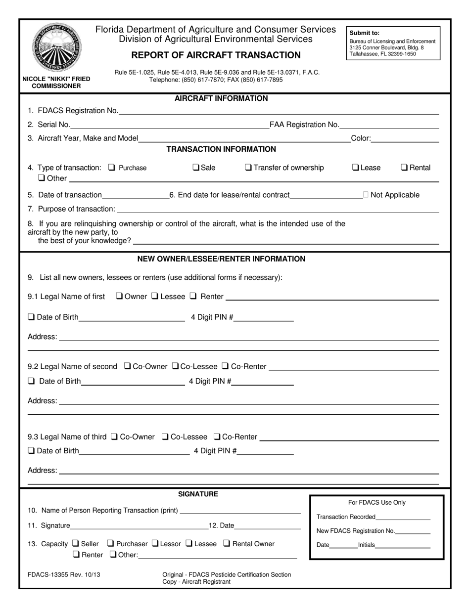 Form FDACS-13355 Report of Aircraft Transaction - Florida, Page 1
